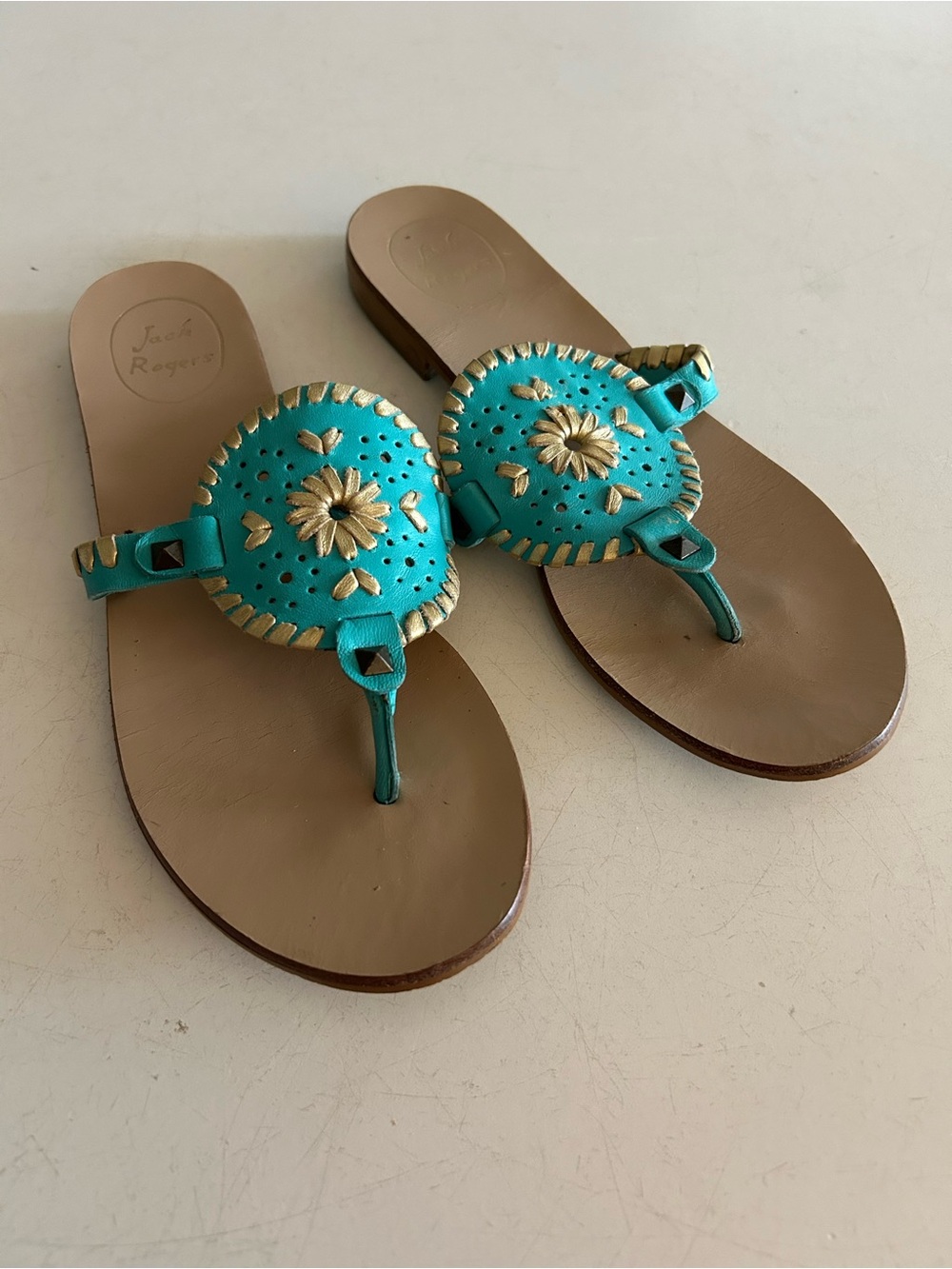 Jack Rogers Turquoise and Gold Leather Georgica Sandal